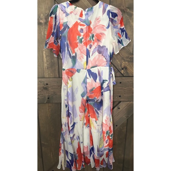 DKNY Floral Print Dress Midi Sheath Flutter Sleeve Party Cocktail‎ Size 8 - Picture 2 of 4